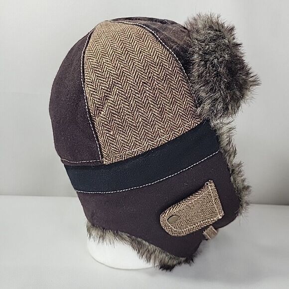 Earth Ragz Trapper Hat Brown Patchwork Faux Fur Ear Flaps Hunting Aviator Winter - Picture 3 of 12